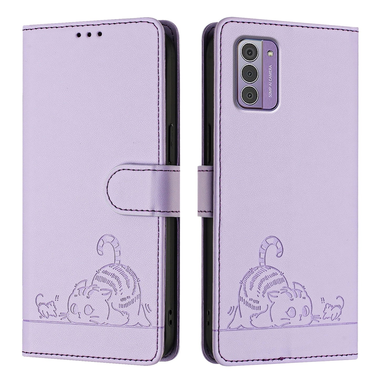 Nokia G310 Cat and Rat Embossed Pattern, RFID Leather Phone Case with Lanyard, Kickstand, and Wallet Features