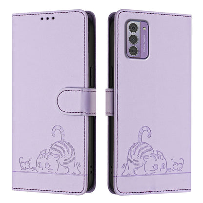 Nokia G310 Cat and Rat Embossed Pattern, RFID Leather Phone Case with Lanyard, Kickstand, and Wallet Features