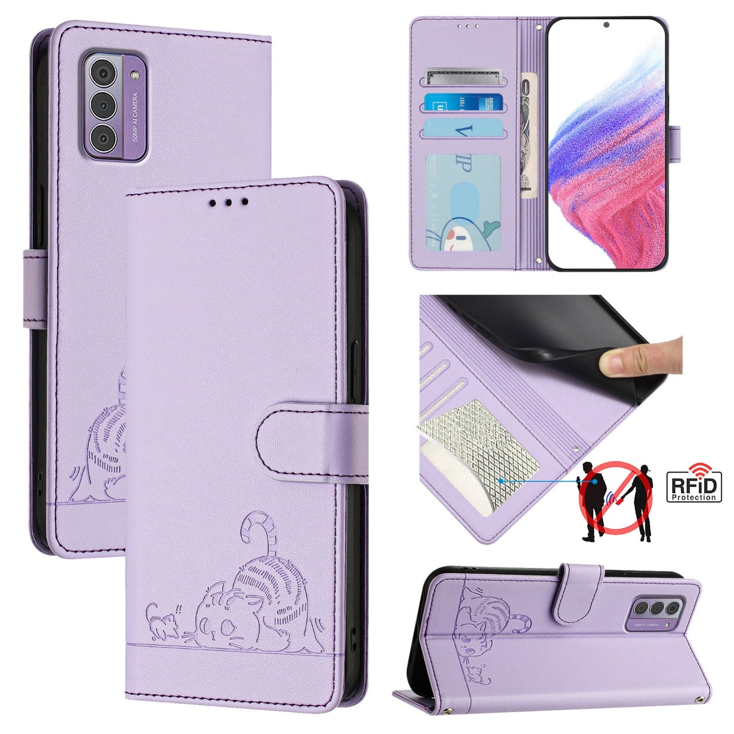Nokia G310 Cat and Rat Embossed Pattern, RFID Leather Phone Case with Lanyard, Kickstand, and Wallet Features