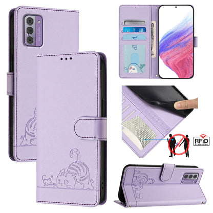 Nokia G310 Cat and Rat Embossed Pattern, RFID Leather Phone Case with Lanyard, Kickstand, and Wallet Features