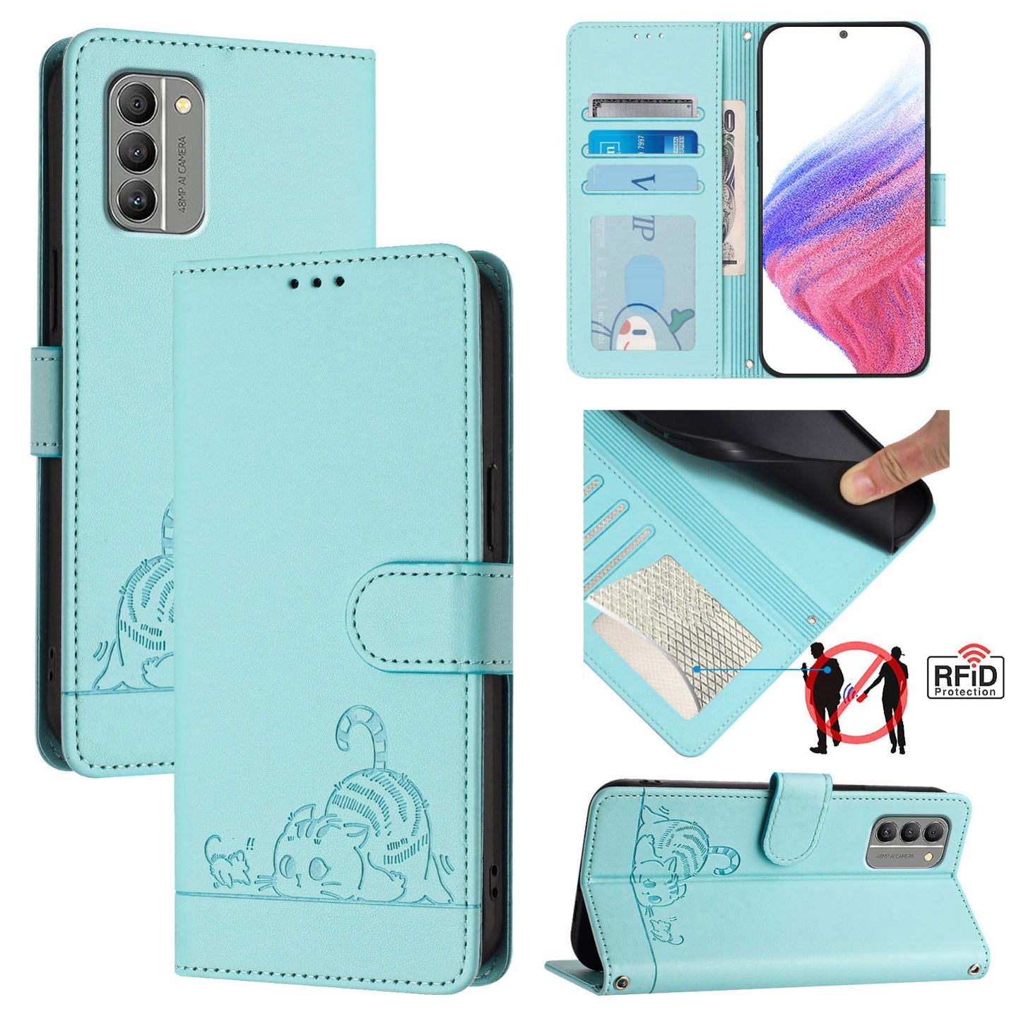 Nokia G400 Cat and Rat Embossed Pattern, RFID Leather Phone Case with Lanyard, Kickstand, and Wallet Features