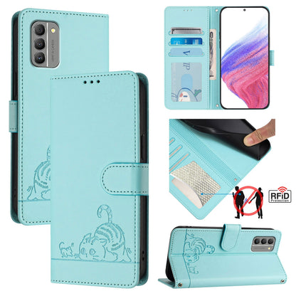 Nokia G400 Cat and Rat Embossed Pattern, RFID Leather Phone Case with Lanyard, Kickstand, and Wallet Features