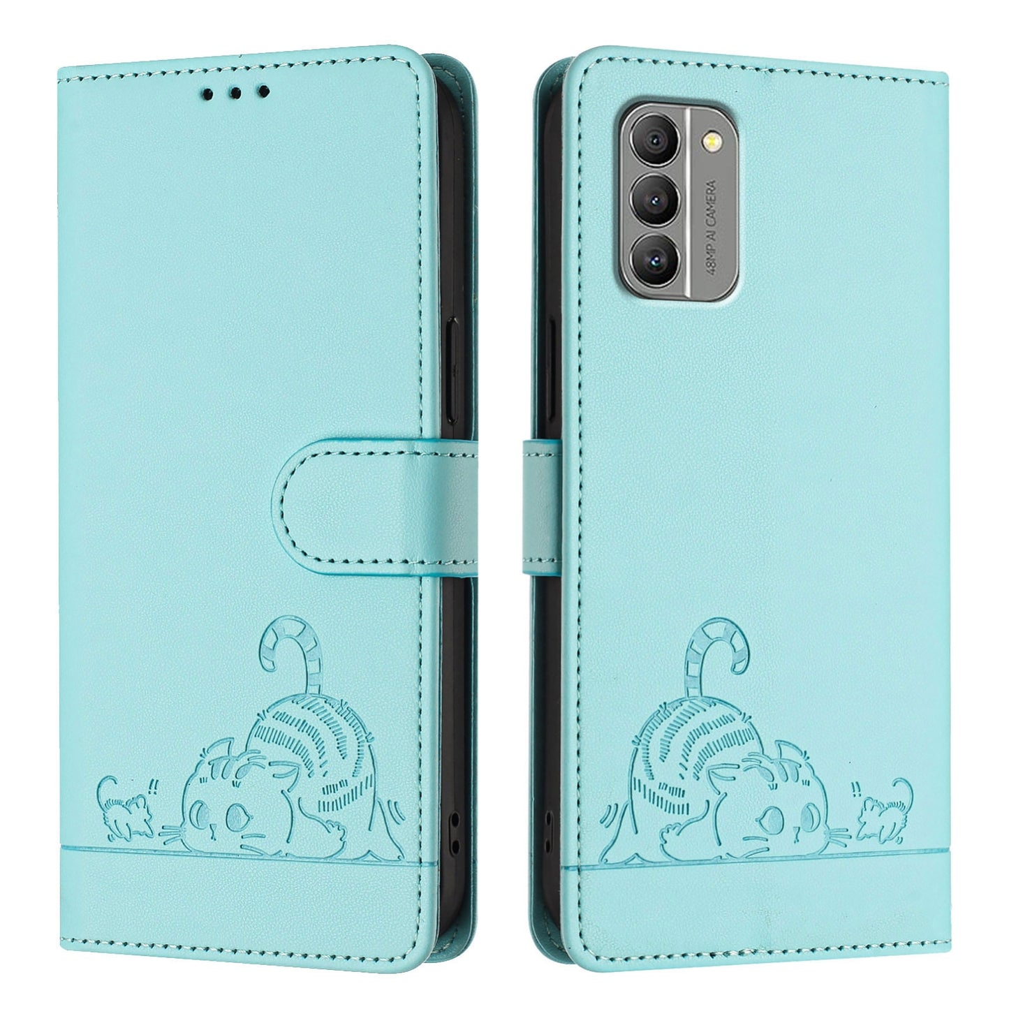 Nokia G400 Cat and Rat Embossed Pattern, RFID Leather Phone Case with Lanyard, Kickstand, and Wallet Features