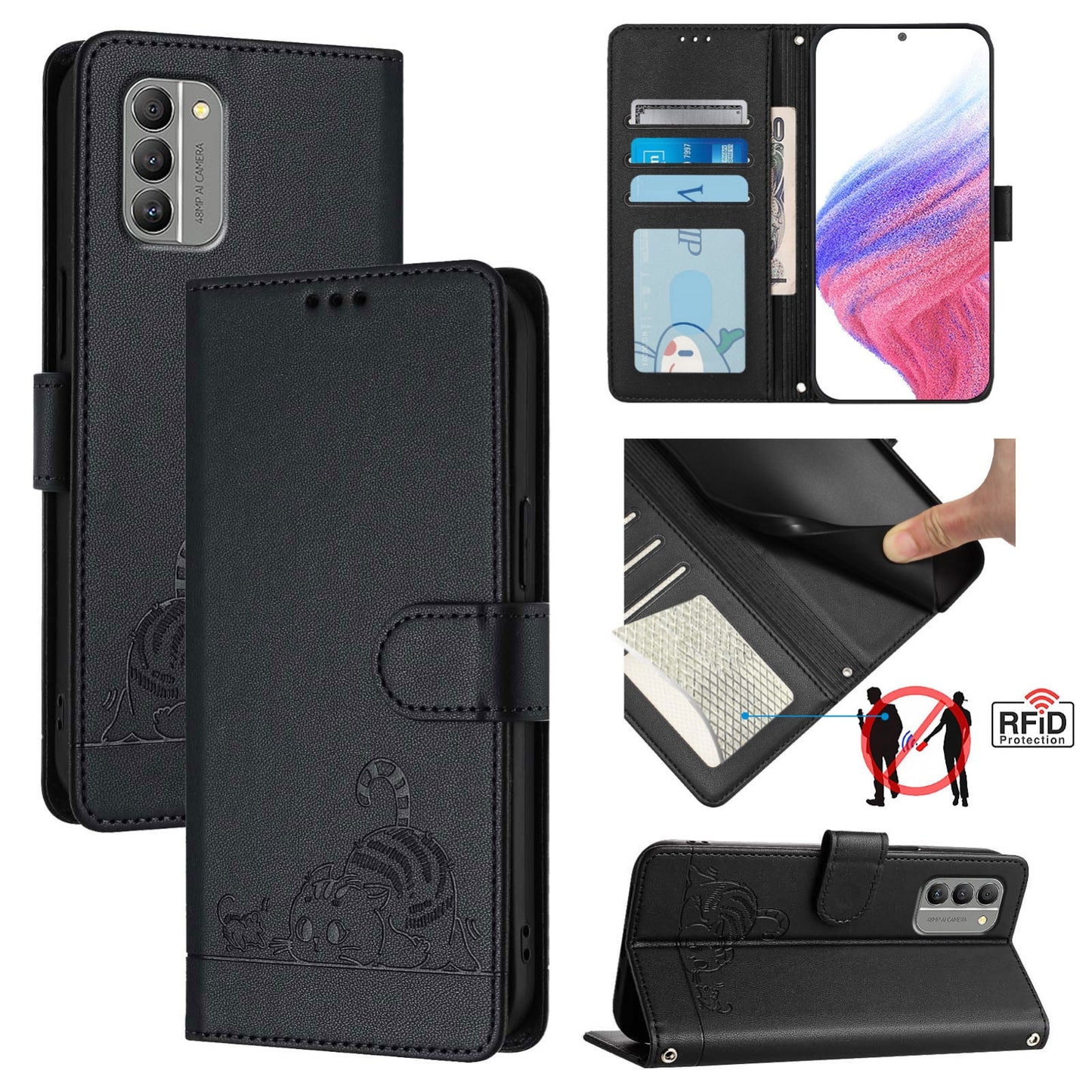 Nokia G400 Cat and Rat Embossed Pattern, RFID Leather Phone Case with Lanyard, Kickstand, and Wallet Features