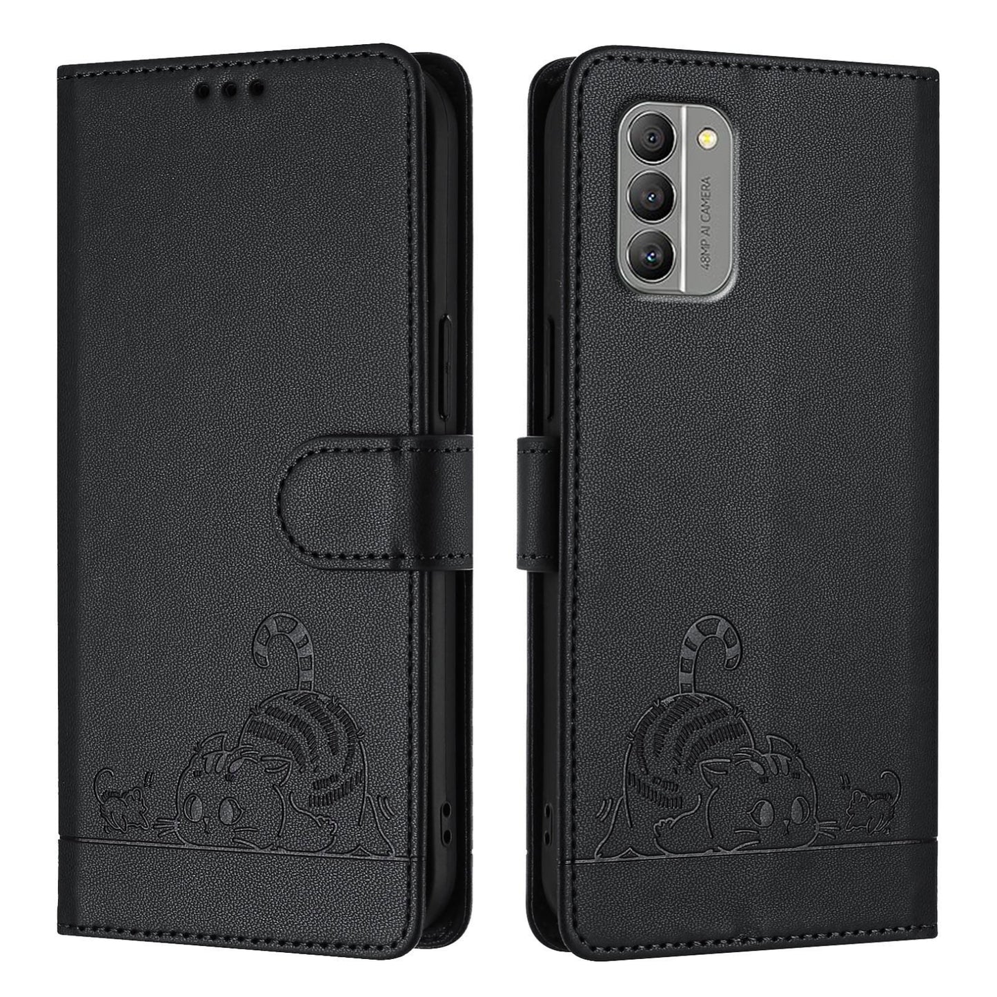 Nokia G400 Cat and Rat Embossed Pattern, RFID Leather Phone Case with Lanyard, Kickstand, and Wallet Features