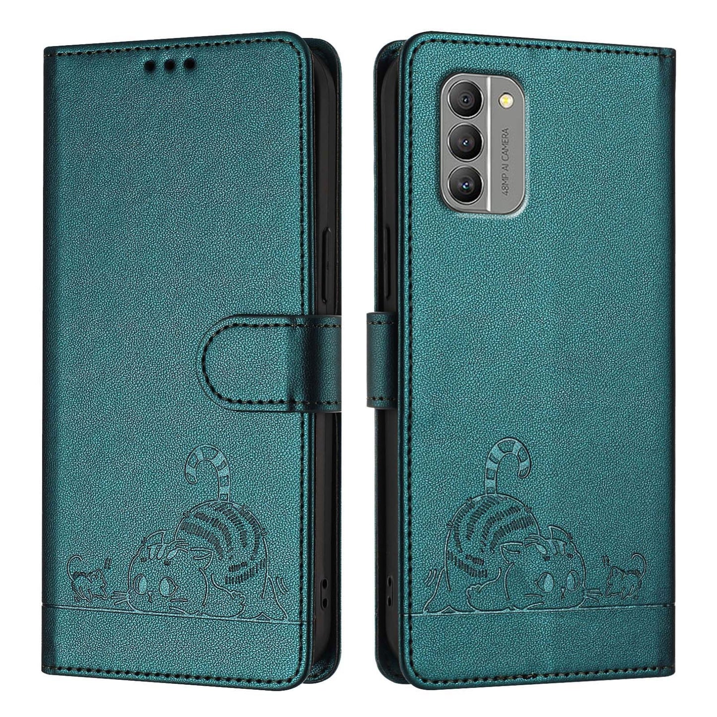 Nokia G400 Cat and Rat Embossed Pattern, RFID Leather Phone Case with Lanyard, Kickstand, and Wallet Features