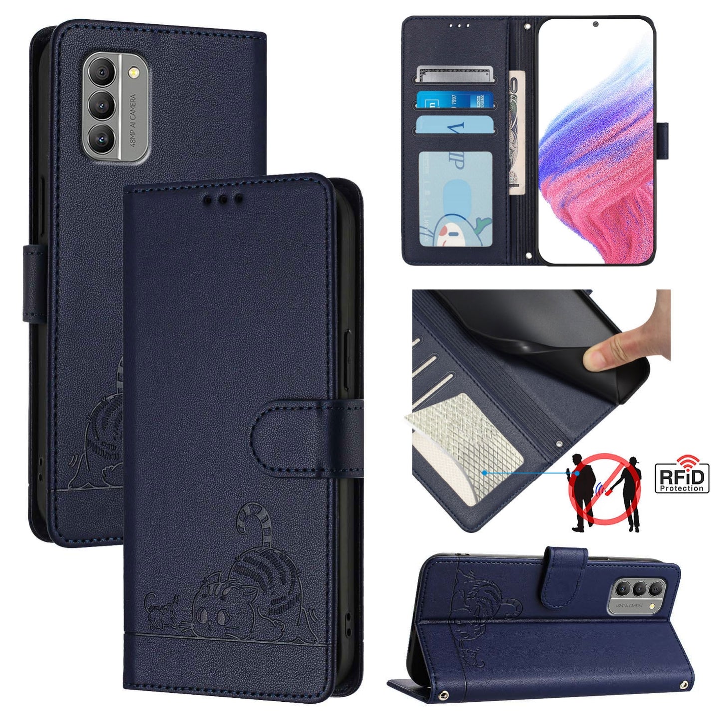 Nokia G400 Cat and Rat Embossed Pattern, RFID Leather Phone Case with Lanyard, Kickstand, and Wallet Features