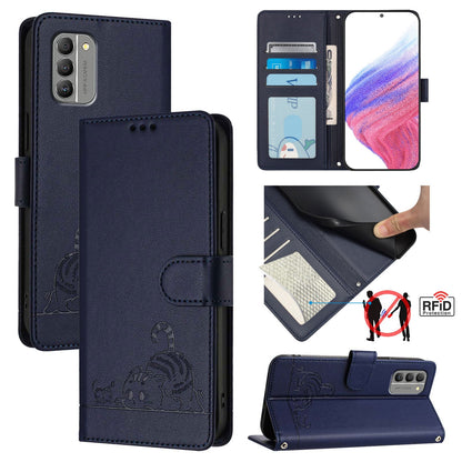 Nokia G400 Cat and Rat Embossed Pattern, RFID Leather Phone Case with Lanyard, Kickstand, and Wallet Features