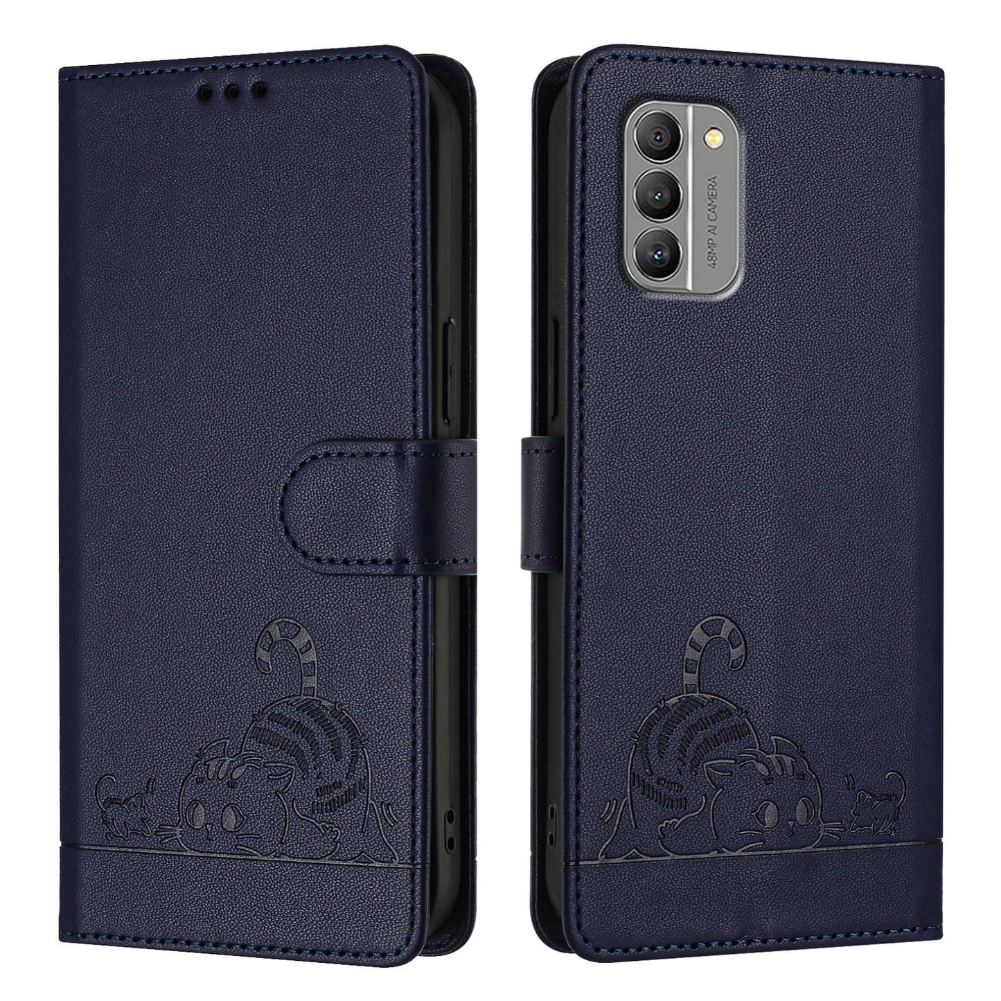 Nokia G400 Cat and Rat Embossed Pattern, RFID Leather Phone Case with Lanyard, Kickstand, and Wallet Features