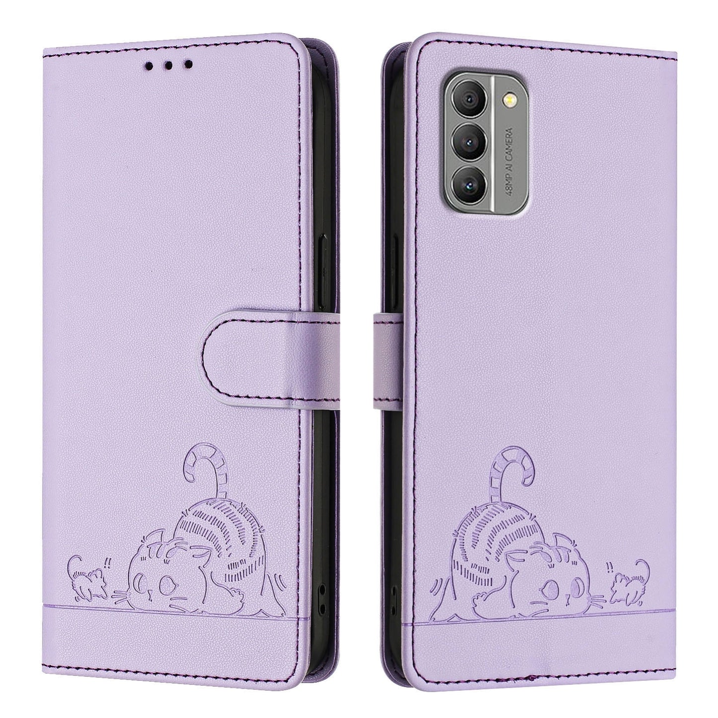 Nokia G400 Cat and Rat Embossed Pattern, RFID Leather Phone Case with Lanyard, Kickstand, and Wallet Features