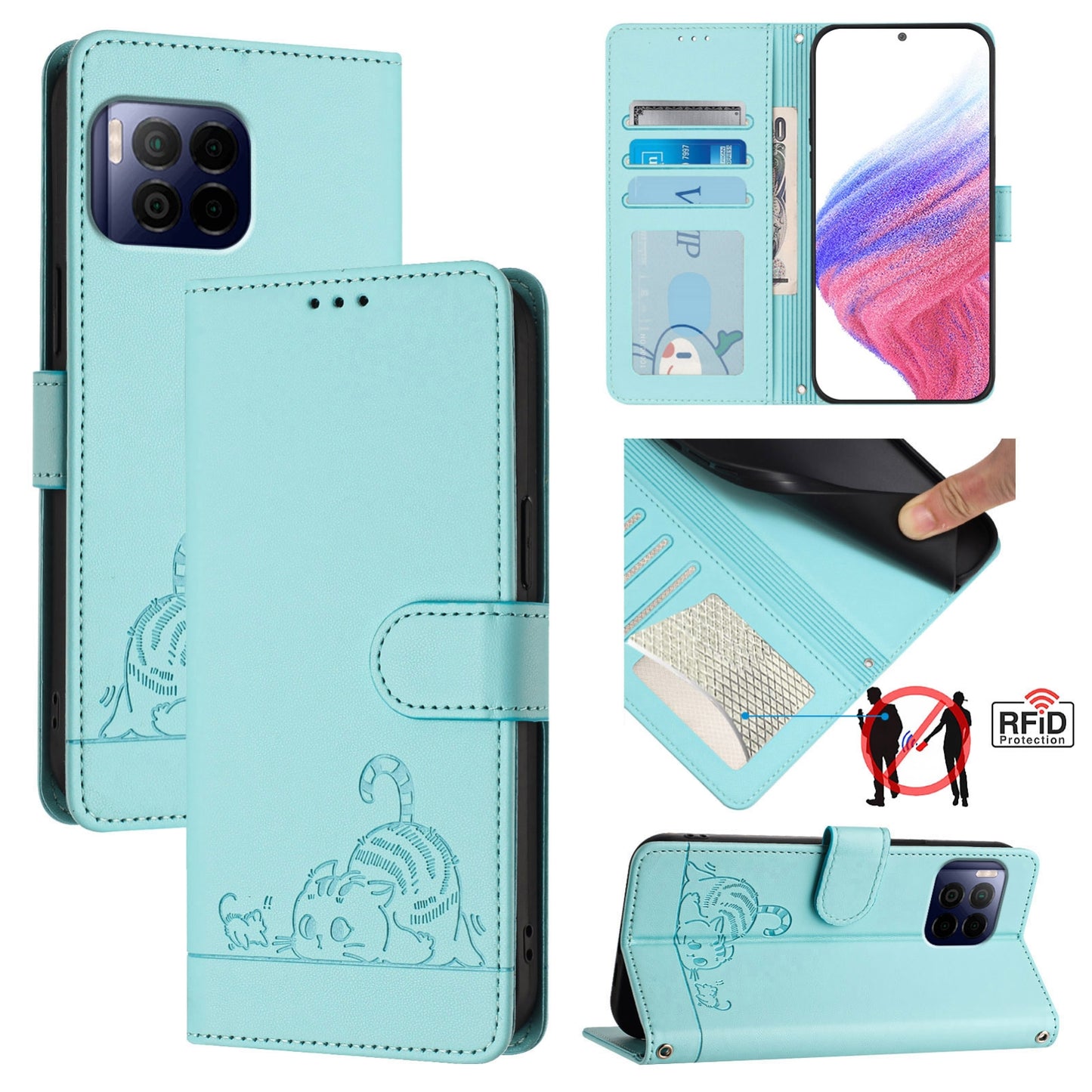 T-Mobile REVVL 7 Pro 5G Cat and Rat Embossed Pattern, RFID Leather Phone Case with Lanyard, Kickstand, and Wallet Features