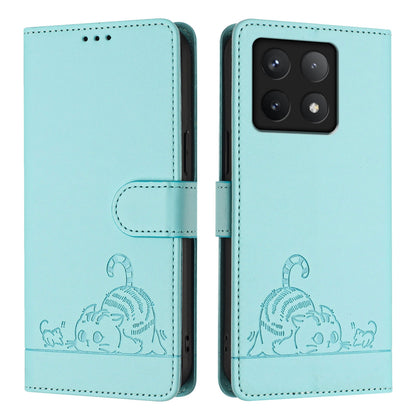 Xiaomi 14T Cat and Rat Embossed Pattern, RFID Leather Phone Case with Lanyard, Kickstand, and Wallet Features