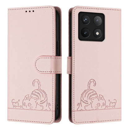 Xiaomi 14T Cat and Rat Embossed Pattern, RFID Leather Phone Case with Lanyard, Kickstand, and Wallet Features