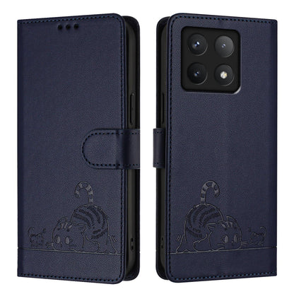 Xiaomi 14T Cat and Rat Embossed Pattern, RFID Leather Phone Case with Lanyard, Kickstand, and Wallet Features