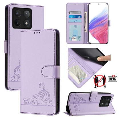 Xiaomi 14T Cat and Rat Embossed Pattern, RFID Leather Phone Case with Lanyard, Kickstand, and Wallet Features