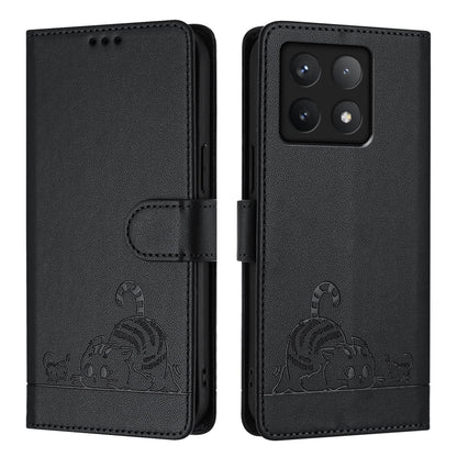 Xiaomi 14T Pro Cat and Rat Embossed Pattern, RFID Leather Phone Case with Lanyard, Kickstand, and Wallet Features