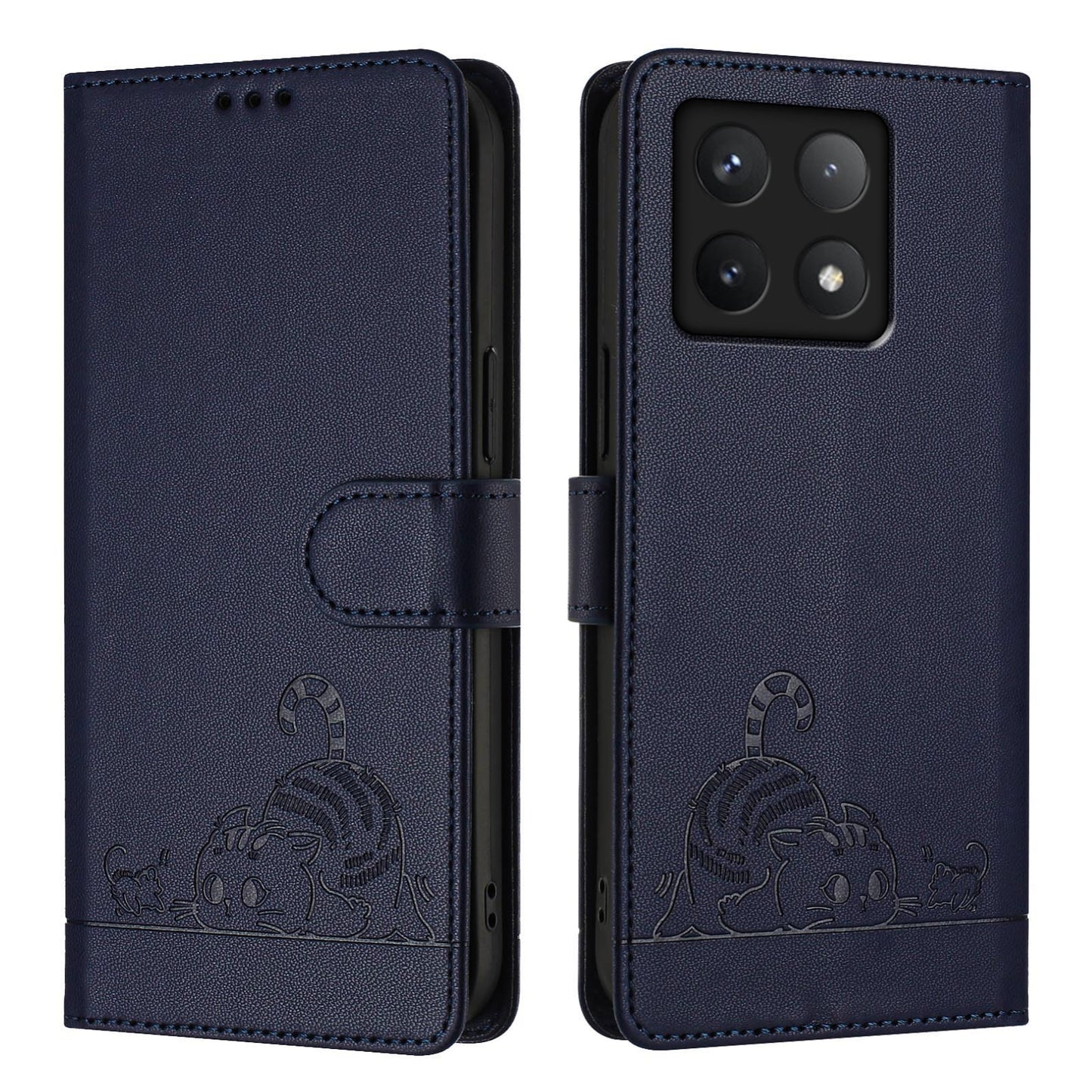 Xiaomi 14T Pro Cat and Rat Embossed Pattern, RFID Leather Phone Case with Lanyard, Kickstand, and Wallet Features