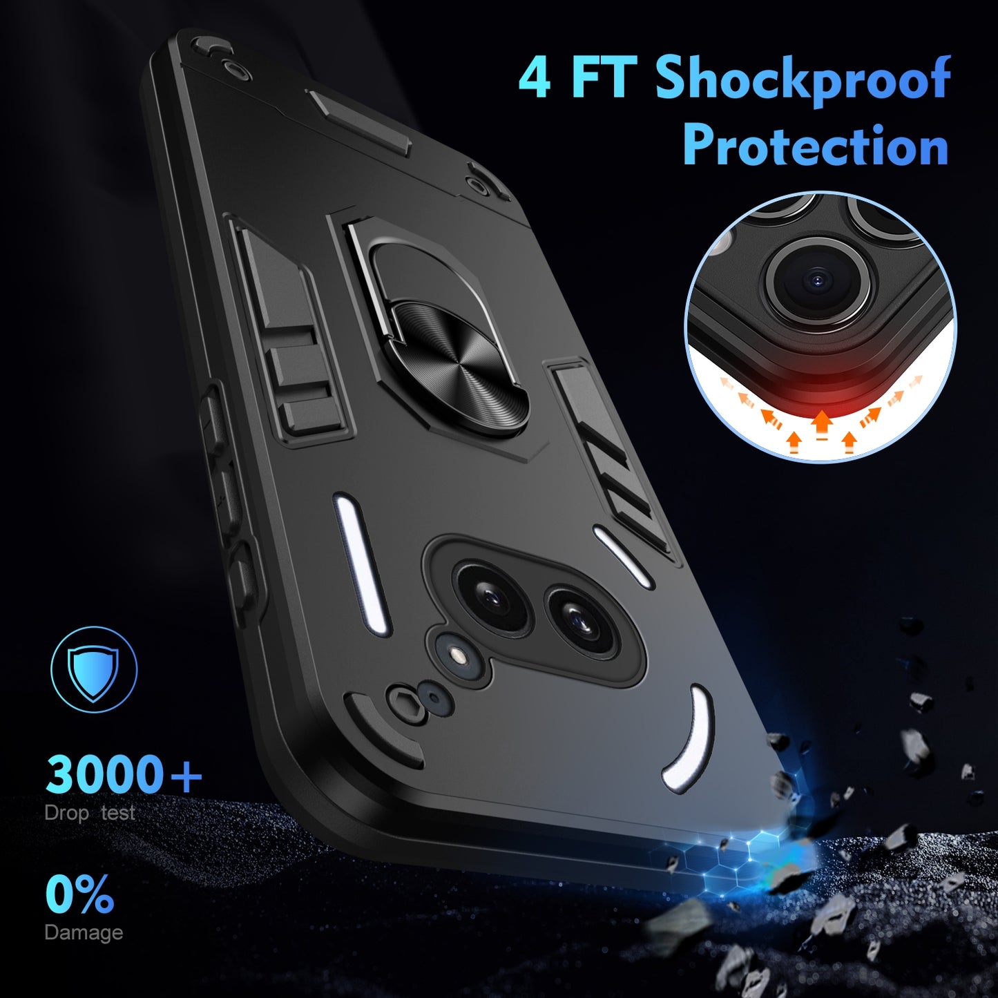 Shockproof Nothing Phone 2a Phone Case with 360° Rotatable Metal Ring Holder, Magnetic Car Mount Stand, Ultra-Thin PC & Silicone Protection Cover