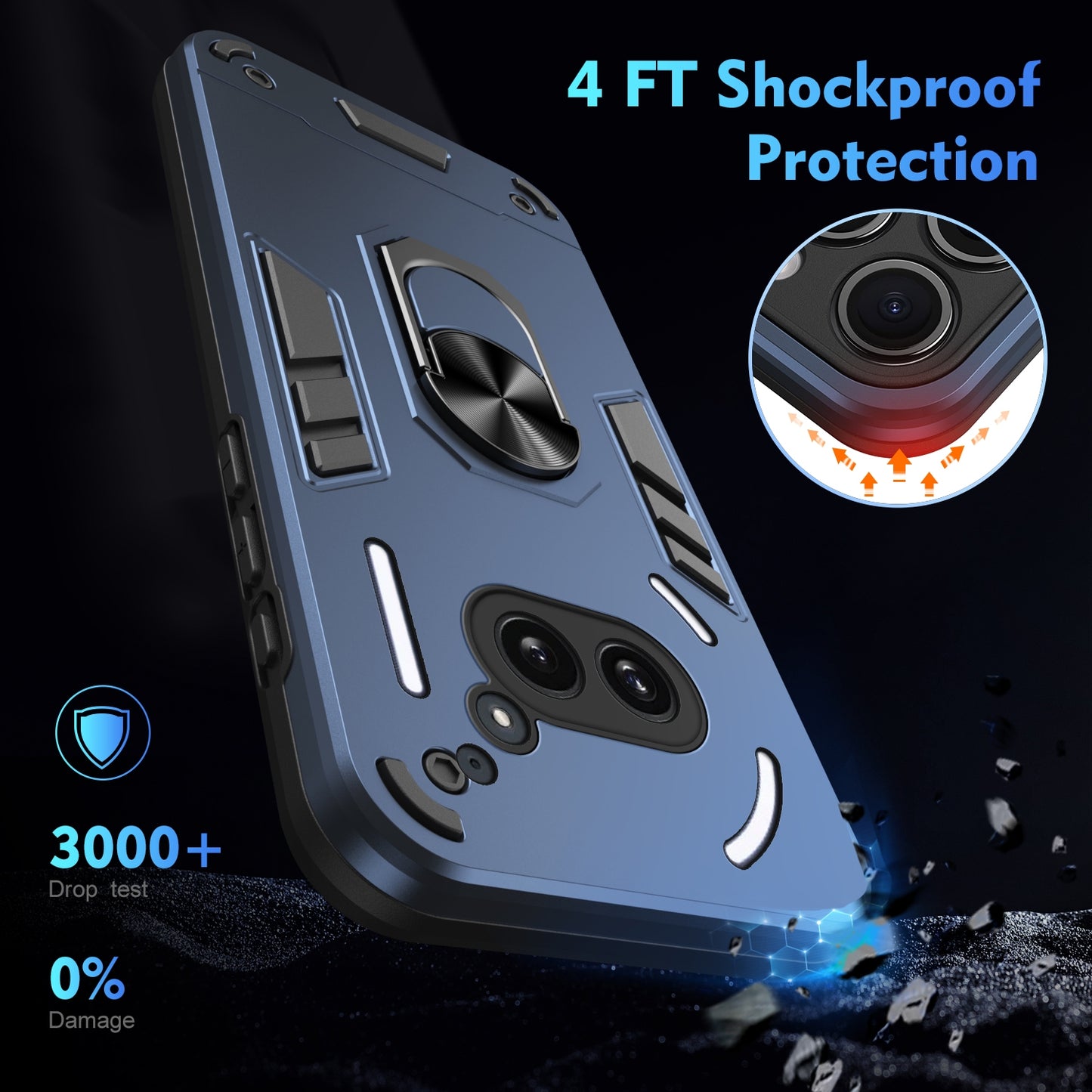 Shockproof Nothing Phone 2a Phone Case with 360° Rotatable Metal Ring Holder, Magnetic Car Mount Stand, Ultra-Thin PC & Silicone Protection Cover