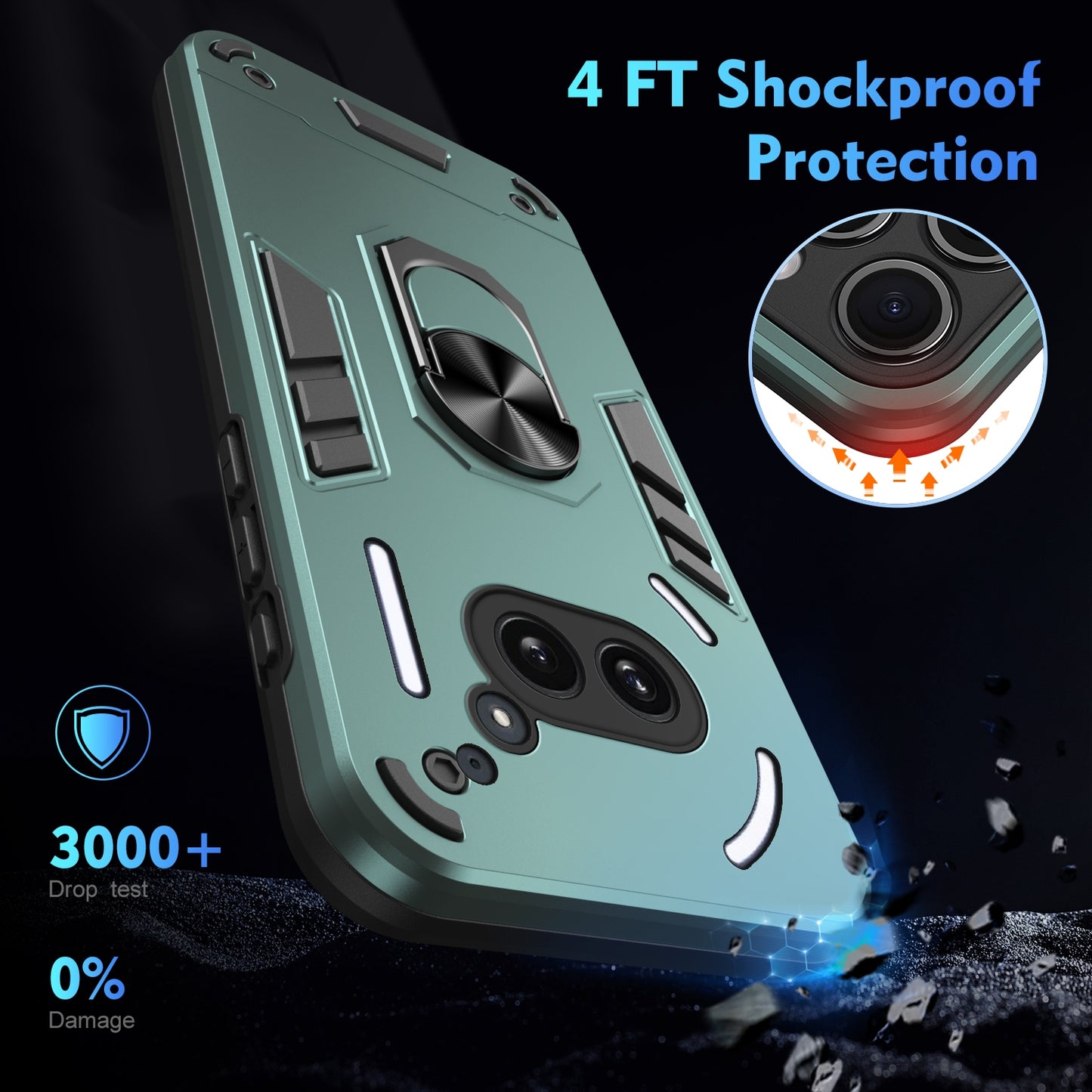 Shockproof Nothing Phone 2a Phone Case with 360° Rotatable Metal Ring Holder, Magnetic Car Mount Stand, Ultra-Thin PC & Silicone Protection Cover