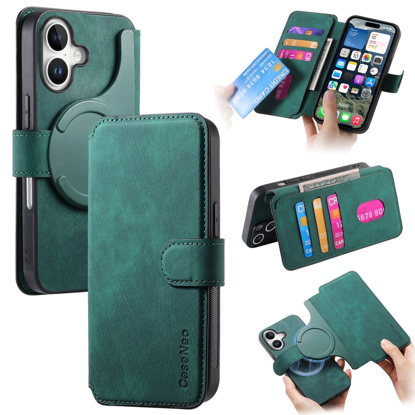 iPhone 16 Plus Retro Leather Phone Case with Enhanced MagSafe Wireless Charging, RFID Anti-theft Protection, Kickstand & Magnetic Lock Wallet Cover