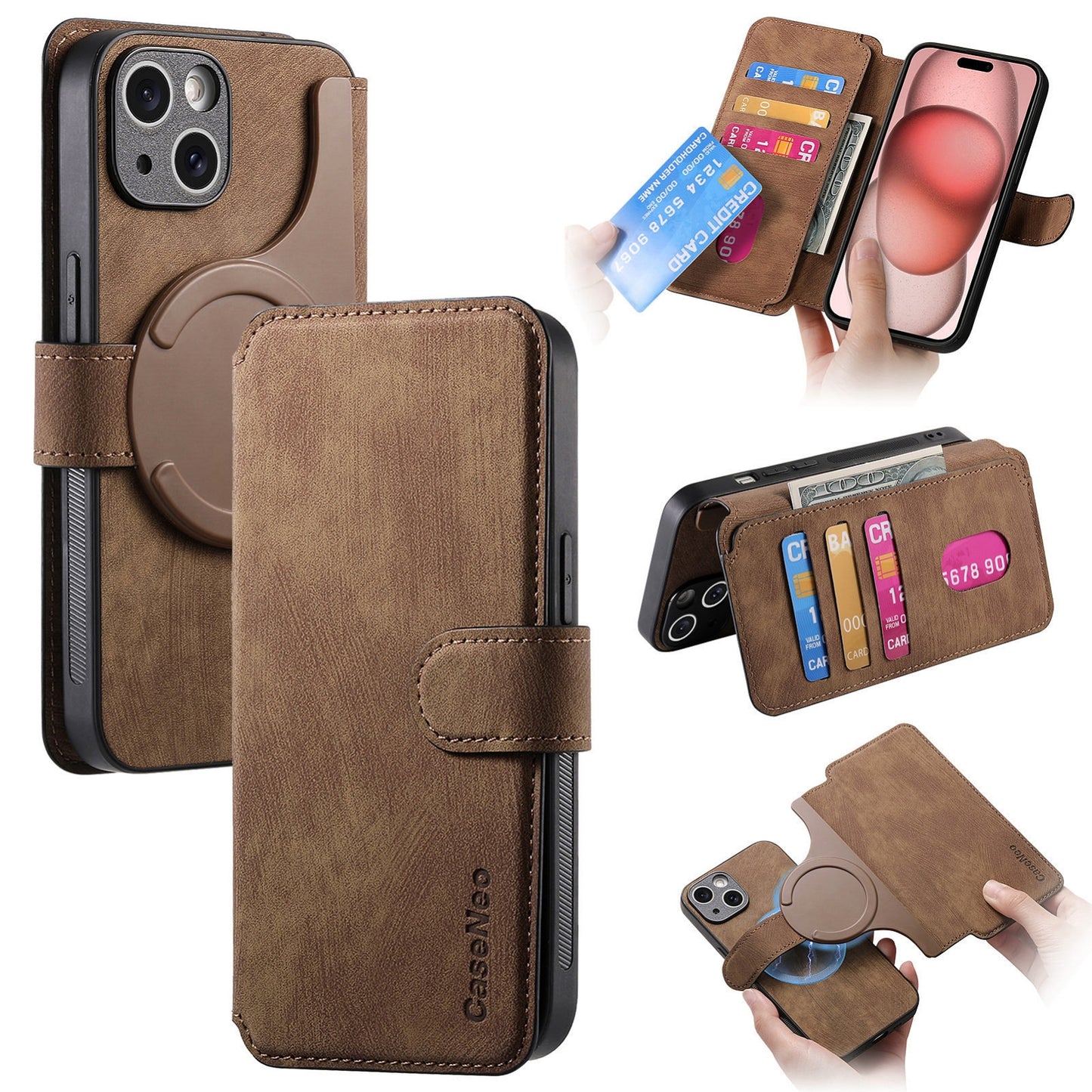 iPhone 15 Retro Leather Phone Case with Enhanced MagSafe Wireless Charging, RFID Anti-theft Protection, Kickstand & Magnetic Lock Wallet Cover
