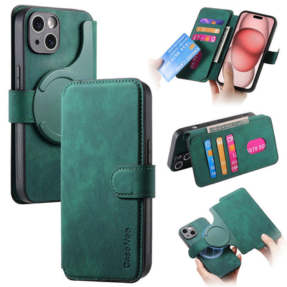 iPhone 15 Retro Leather Phone Case with Enhanced MagSafe Wireless Charging, RFID Anti-theft Protection, Kickstand & Magnetic Lock Wallet Cover