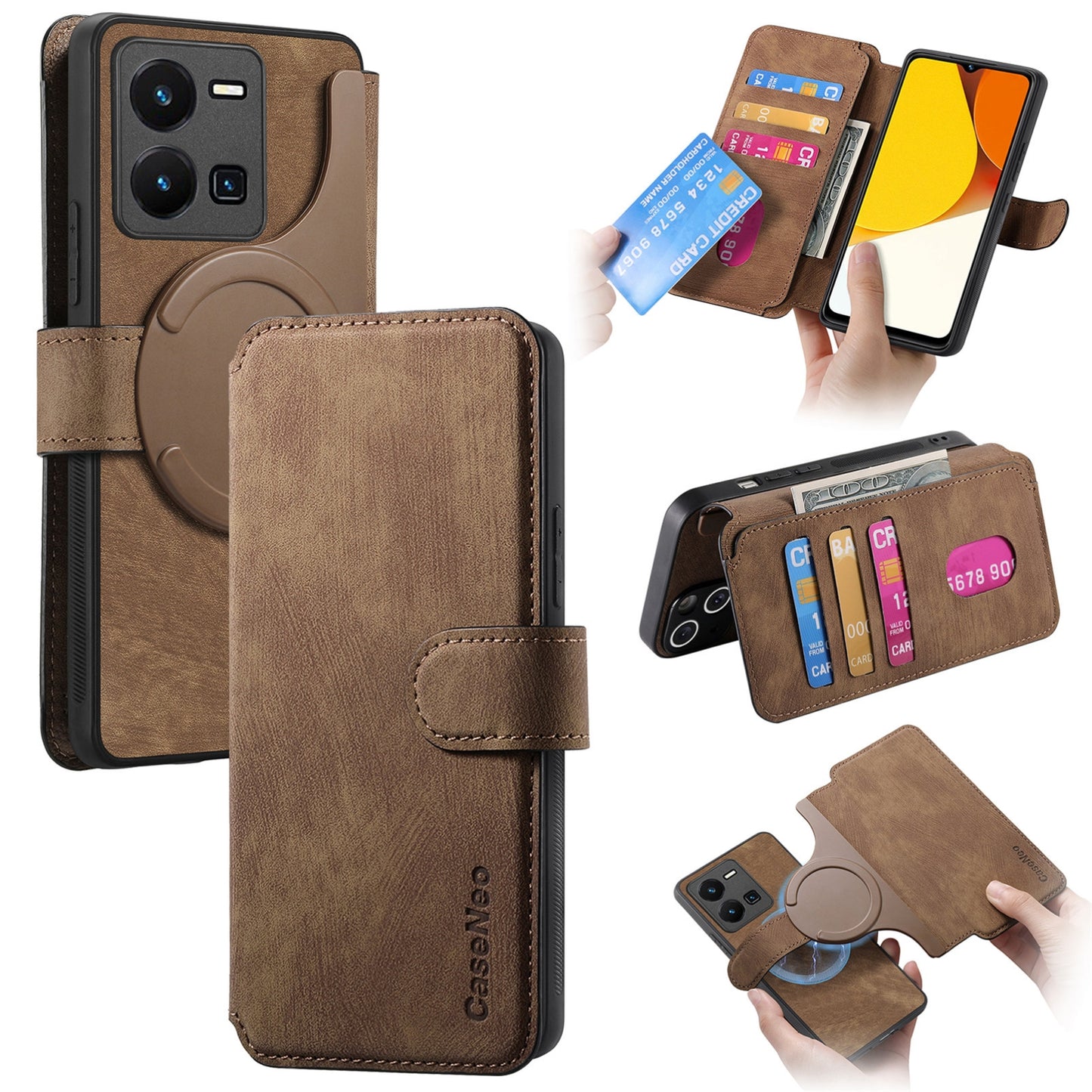 For vivo Y35 5G Retro Leather Phone Case with Enhanced MagSafe Wireless Charging, RFID Anti-theft Protection, Kickstand & Magnetic Lock Wallet Cover