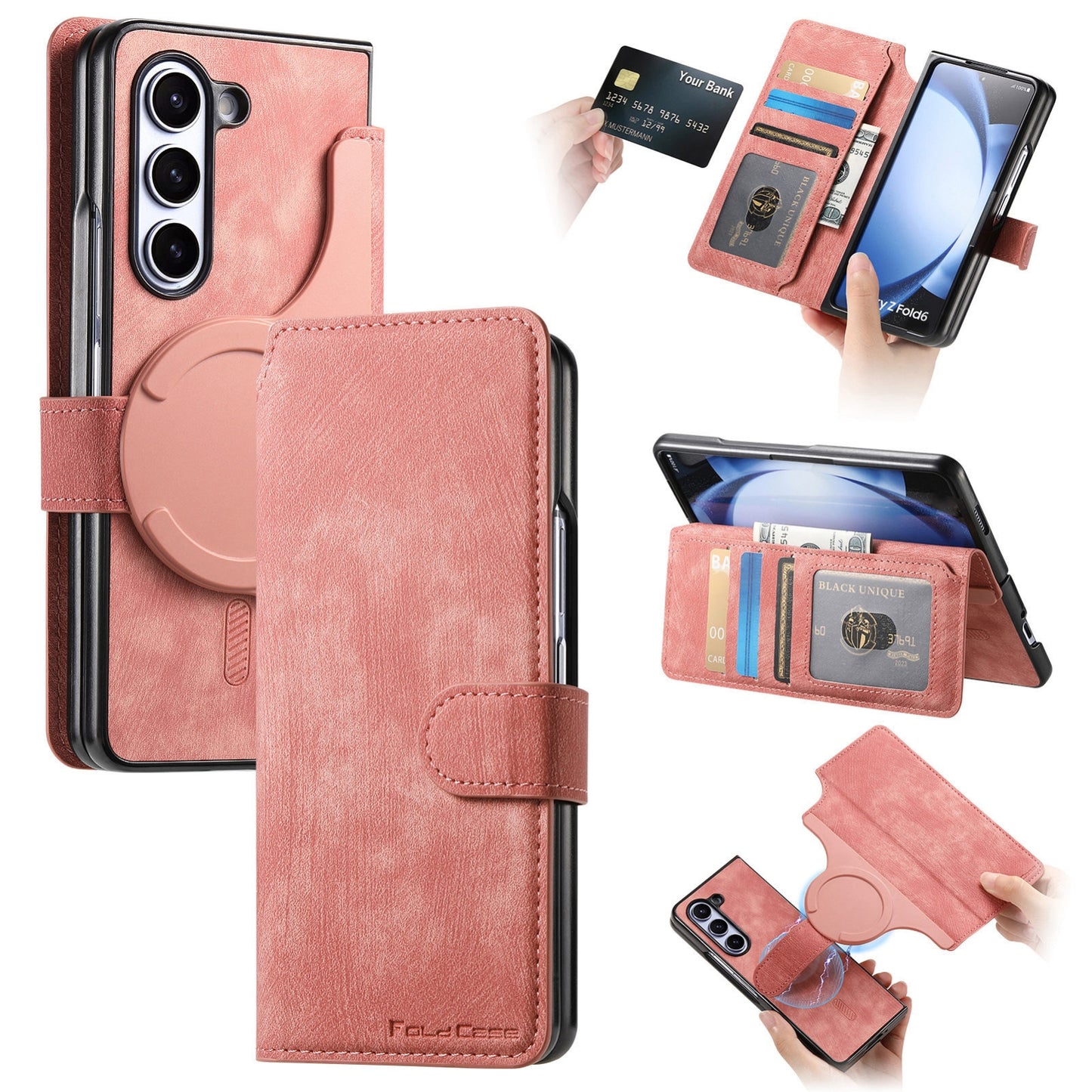 Samsung Galaxy Z Fold6 Retro Leather Phone Case with Enhanced MagSafe Wireless Charging, RFID Anti-theft Protection, Kickstand & Magnetic Lock Wallet Cover