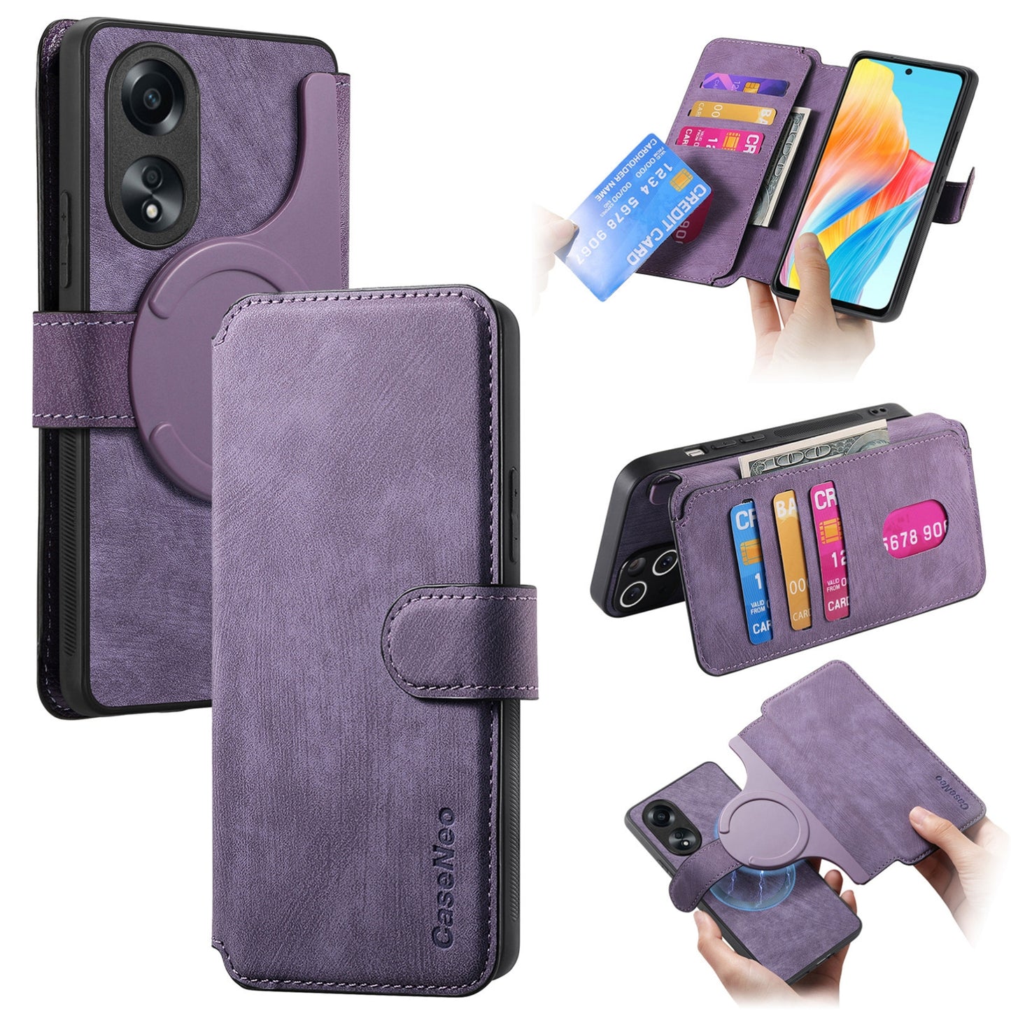 OPPO A58 4G Retro Leather Phone Case with Enhanced MagSafe Wireless Charging, RFID Anti-theft Protection, Kickstand & Magnetic Lock Wallet Cover