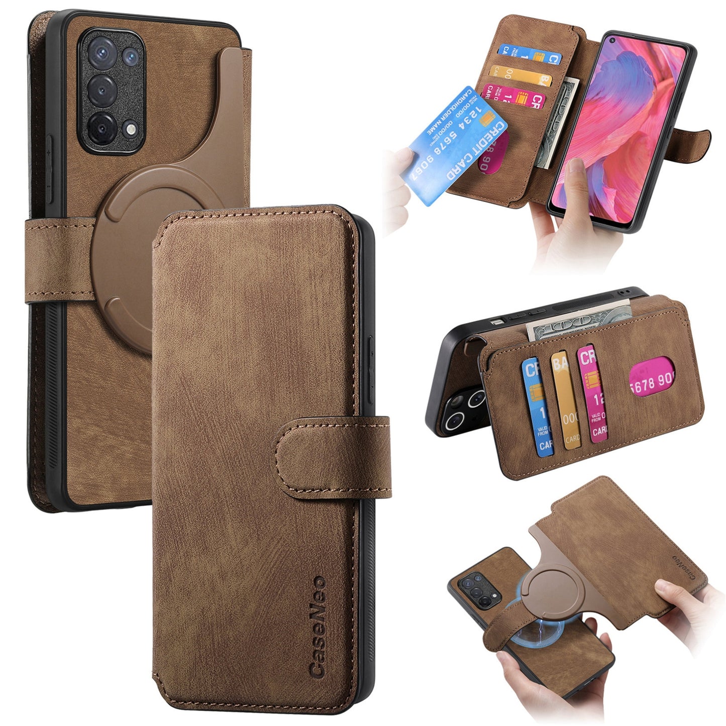 OPPO A74 5G Retro Leather Phone Case with Enhanced MagSafe Wireless Charging, RFID Anti-theft Protection, Kickstand & Magnetic Lock Wallet Cover