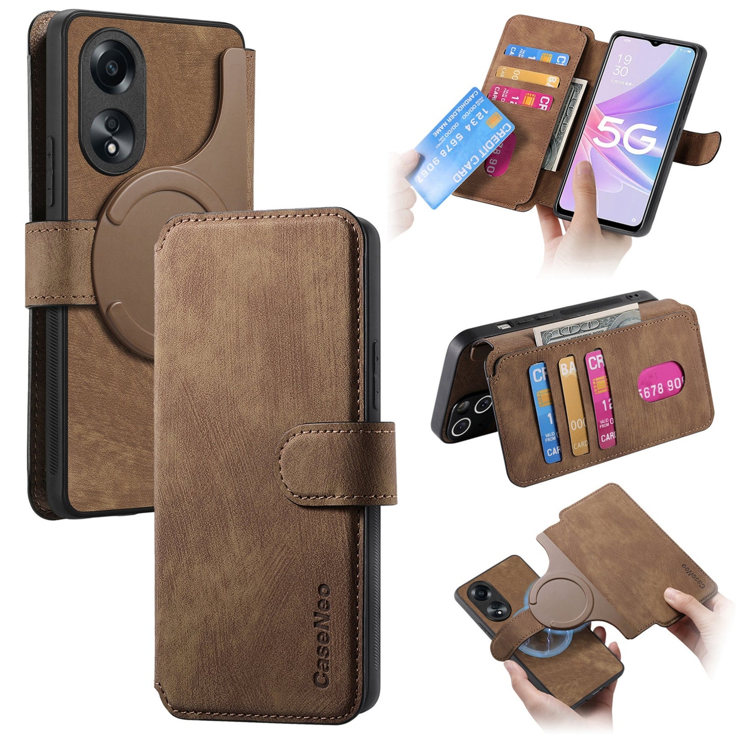 OPPO A78 5G Retro Leather Phone Case with Enhanced MagSafe Wireless Charging, RFID Anti-theft Protection, Kickstand & Magnetic Lock Wallet Cover