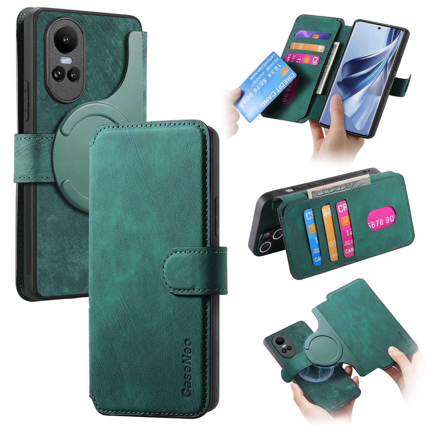 OPPO Reno10 5G Global Retro Leather Phone Case with Enhanced MagSafe Wireless Charging, RFID Anti-theft Protection, Kickstand & Magnetic Lock Wallet Cover