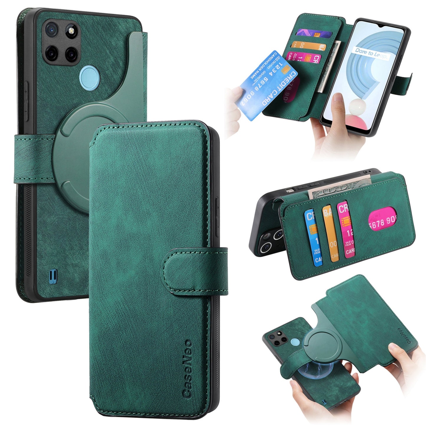 Realme C21Y Retro Leather Phone Case with Enhanced MagSafe Wireless Charging, RFID Anti-theft Protection, Kickstand & Magnetic Lock Wallet Cover