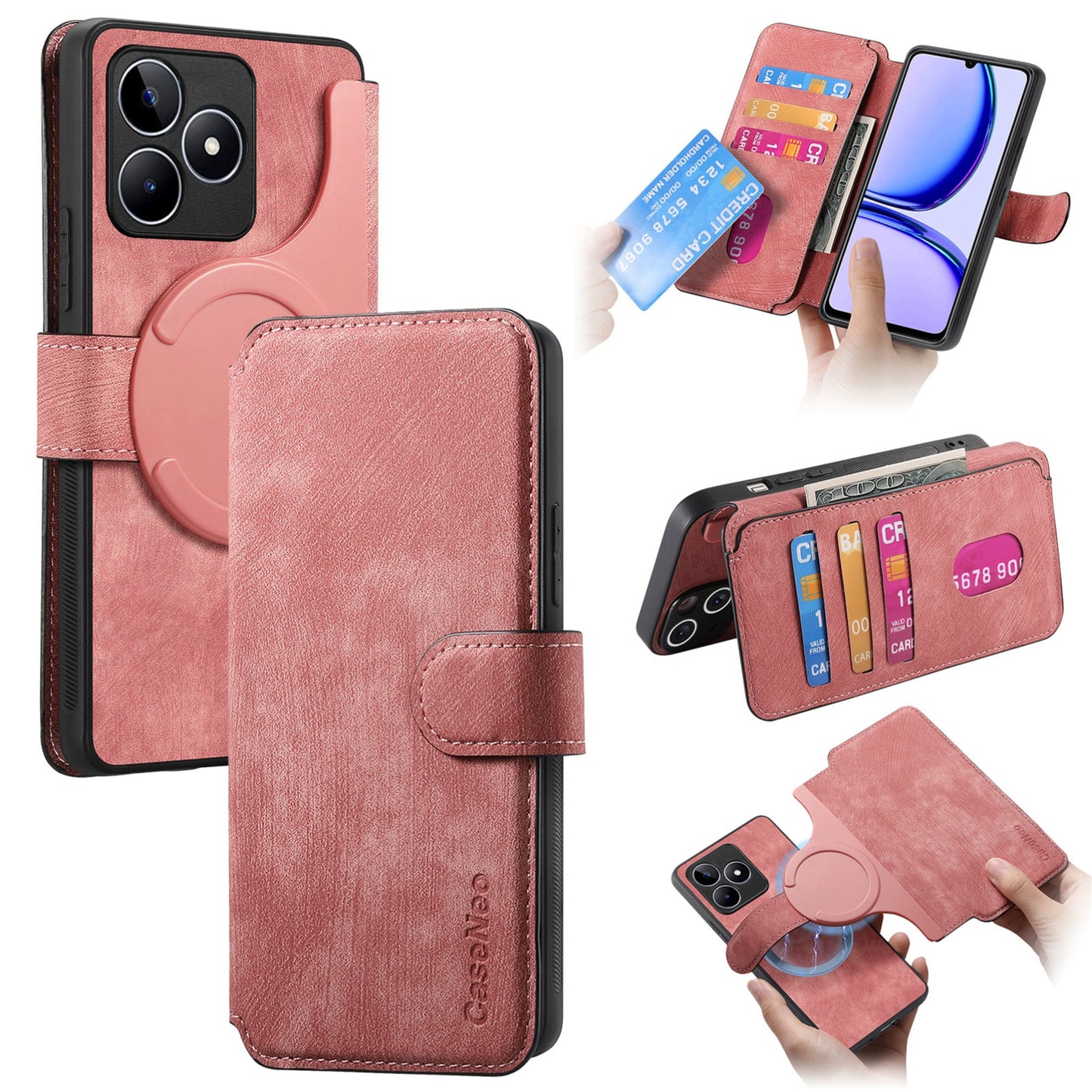 Realme C53 Retro Leather Phone Case with Enhanced MagSafe Wireless Charging, RFID Anti-theft Protection, Kickstand & Magnetic Lock Wallet Cover