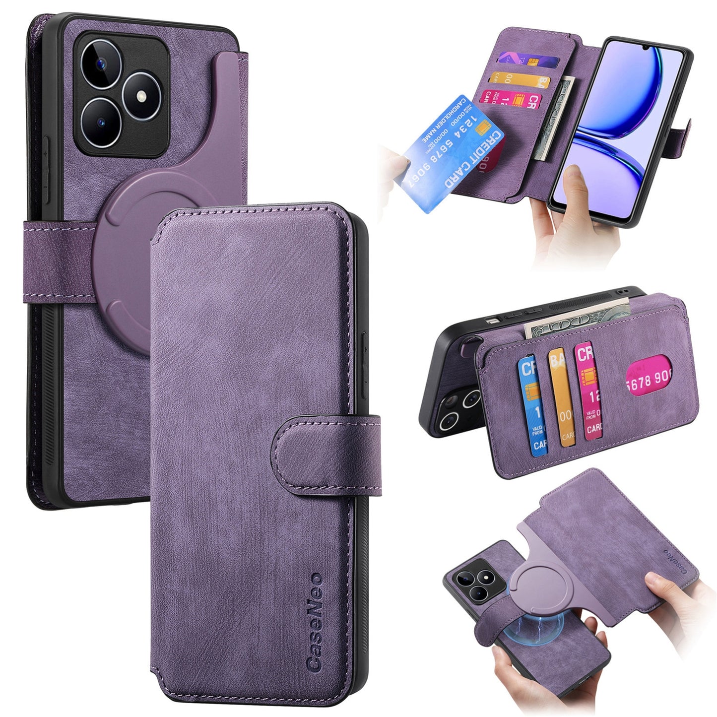 Realme C53 Retro Leather Phone Case with Enhanced MagSafe Wireless Charging, RFID Anti-theft Protection, Kickstand & Magnetic Lock Wallet Cover