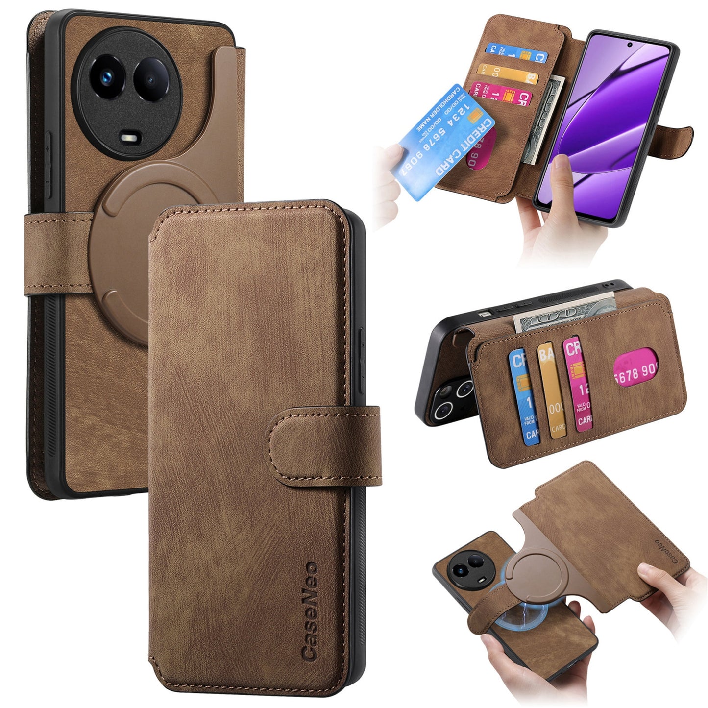 Realme 11 5G Global / 11X Retro Leather Phone Case with Enhanced MagSafe Wireless Charging, RFID Anti-theft Protection, Kickstand & Magnetic Lock Wallet Cover