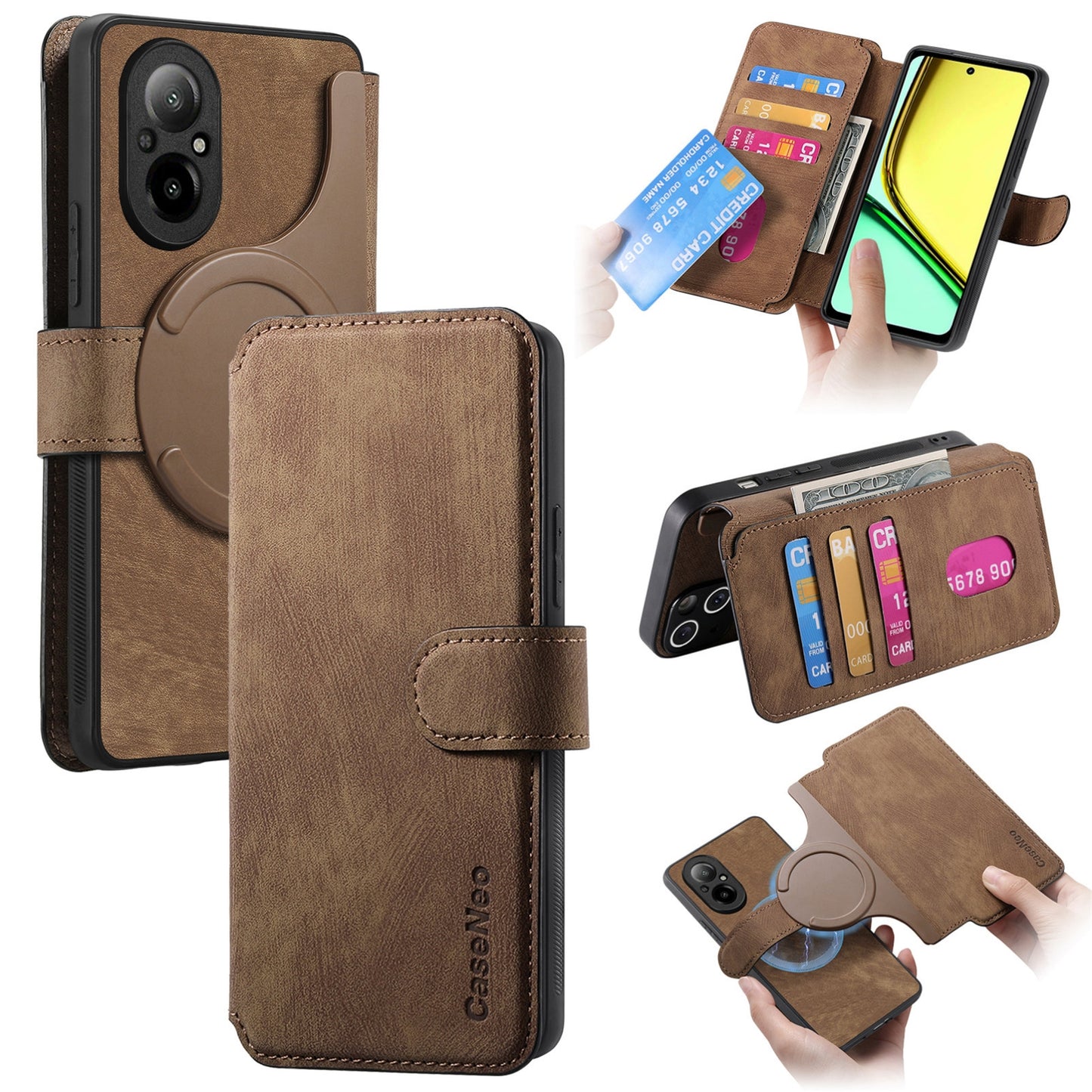 Realme C67 4G Retro Leather Phone Case with Enhanced MagSafe Wireless Charging, RFID Anti-theft Protection, Kickstand & Magnetic Lock Wallet Cover