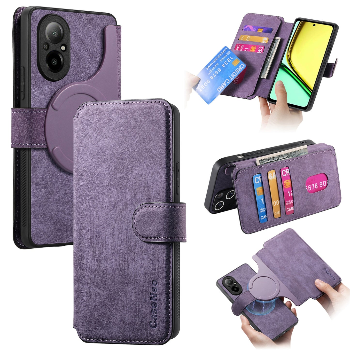 Realme C67 4G Retro Leather Phone Case with Enhanced MagSafe Wireless Charging, RFID Anti-theft Protection, Kickstand & Magnetic Lock Wallet Cover