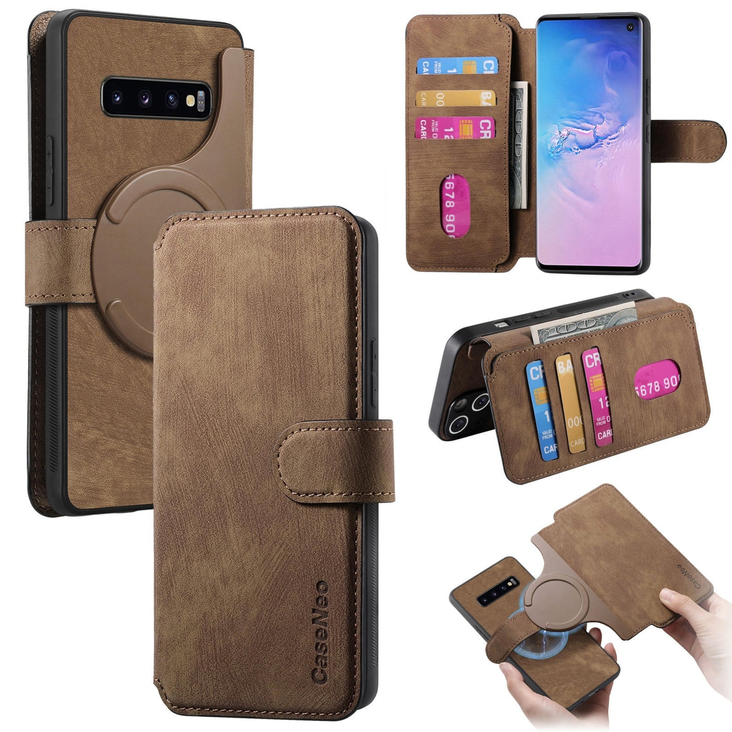 Samsung Galaxy S10 Retro Leather Phone Case with Enhanced MagSafe Wireless Charging, RFID Anti-theft Protection, Kickstand & Magnetic Lock Wallet Cover