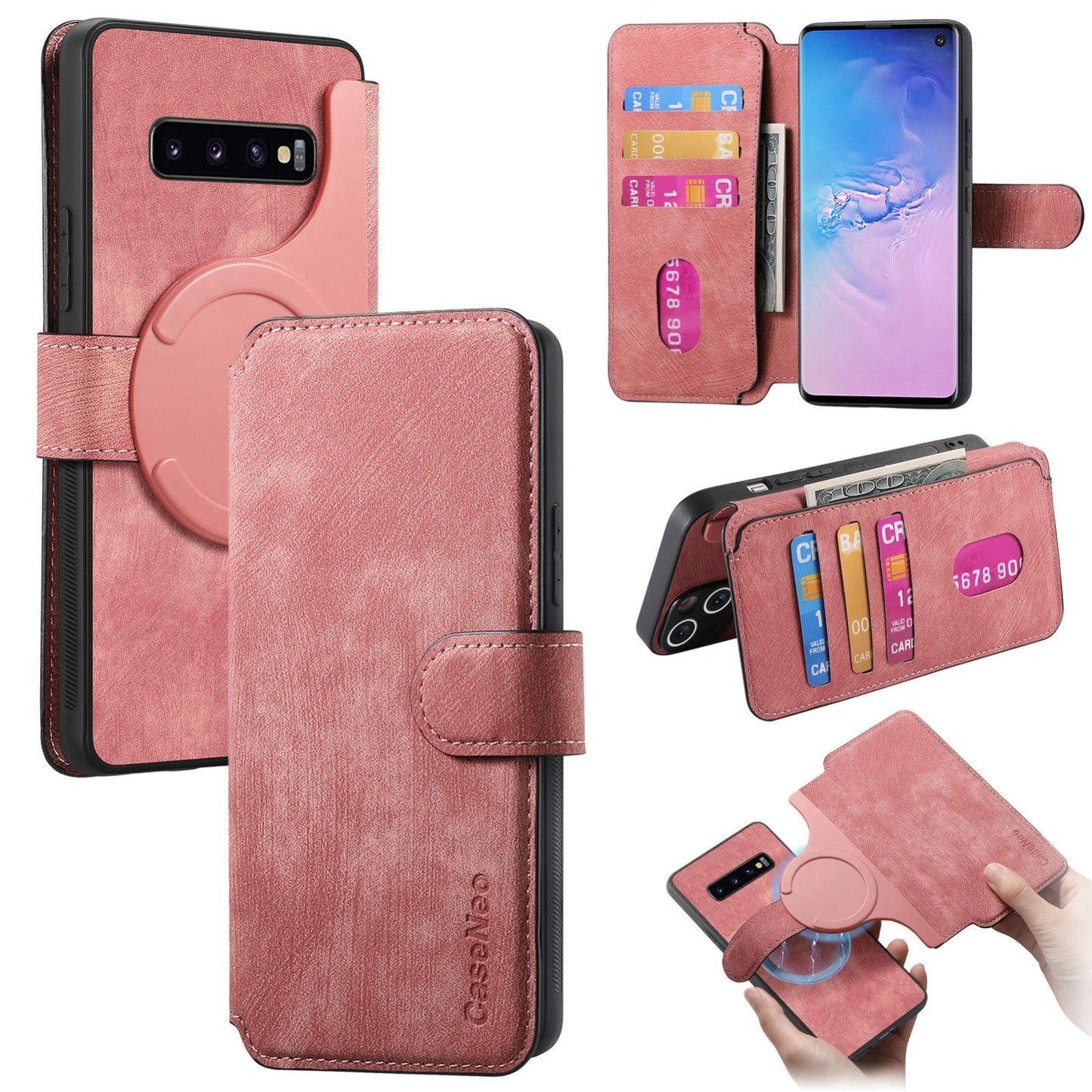 Samsung Galaxy S10 Retro Leather Phone Case with Enhanced MagSafe Wireless Charging, RFID Anti-theft Protection, Kickstand & Magnetic Lock Wallet Cover