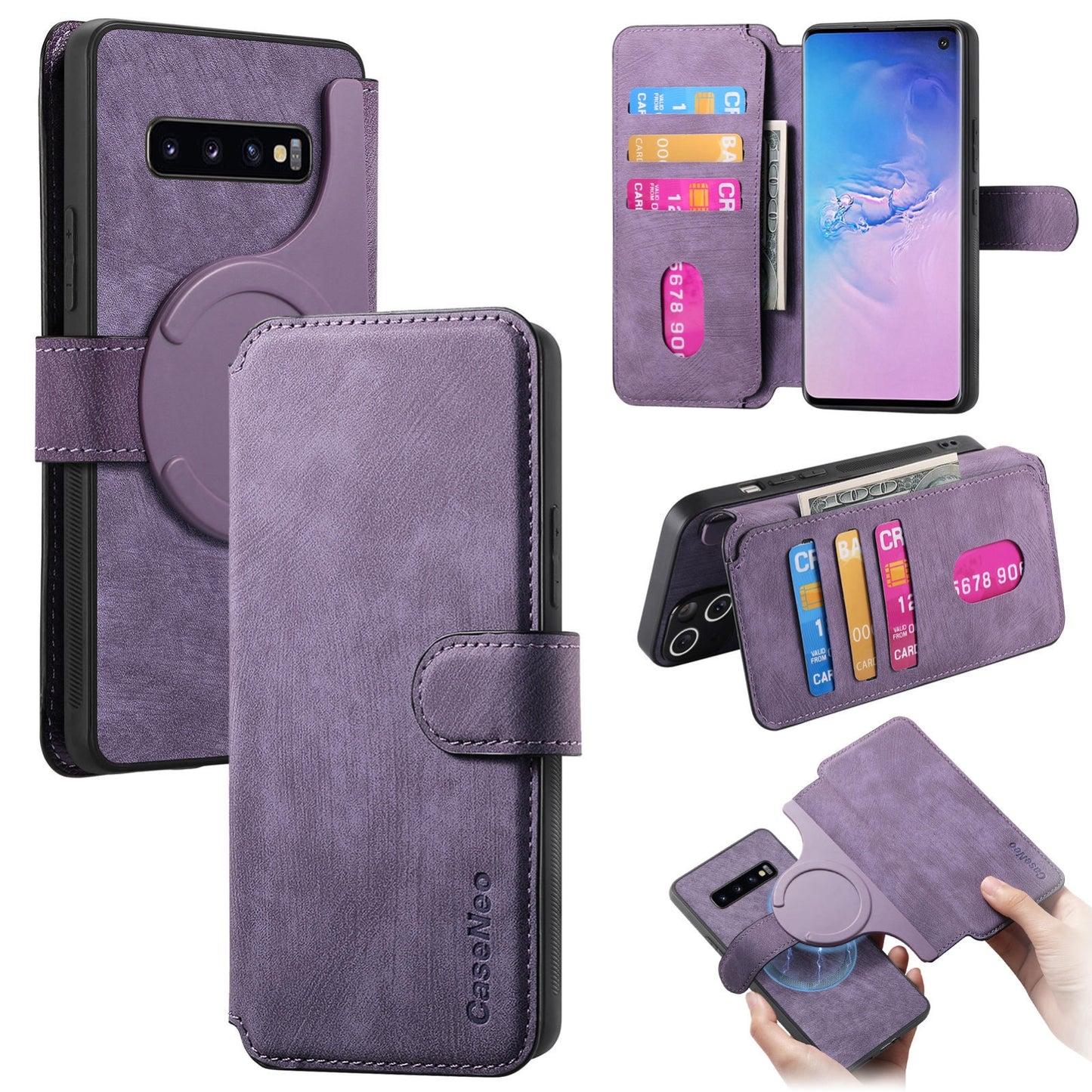 Samsung Galaxy S10 Retro Leather Phone Case with Enhanced MagSafe Wireless Charging, RFID Anti-theft Protection, Kickstand & Magnetic Lock Wallet Cover
