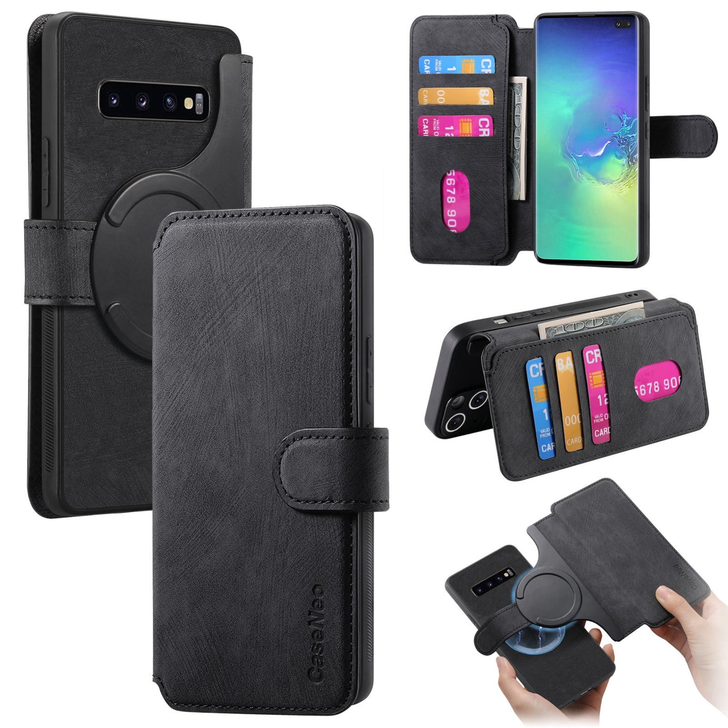 Samsung Galaxy S10+ Retro Leather Phone Case with Enhanced MagSafe Wireless Charging, RFID Anti-theft Protection, Kickstand & Magnetic Lock Wallet Cover