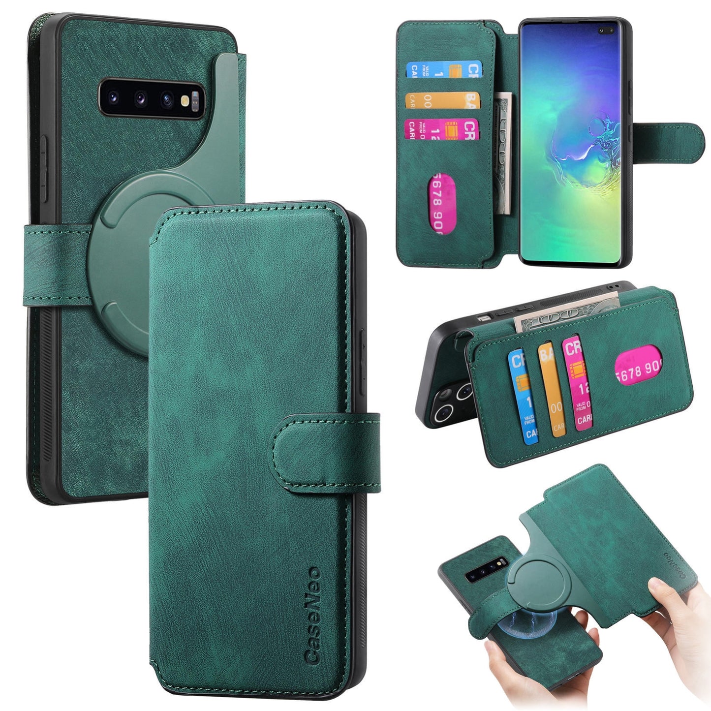 Samsung Galaxy S10+ Retro Leather Phone Case with Enhanced MagSafe Wireless Charging, RFID Anti-theft Protection, Kickstand & Magnetic Lock Wallet Cover