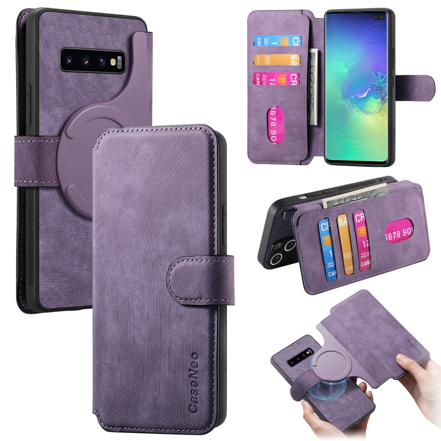 Samsung Galaxy S10+ Retro Leather Phone Case with Enhanced MagSafe Wireless Charging, RFID Anti-theft Protection, Kickstand & Magnetic Lock Wallet Cover