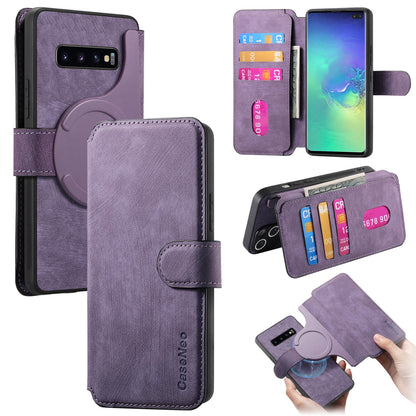 Samsung Galaxy S10+ Retro Leather Phone Case with Enhanced MagSafe Wireless Charging, RFID Anti-theft Protection, Kickstand & Magnetic Lock Wallet Cover