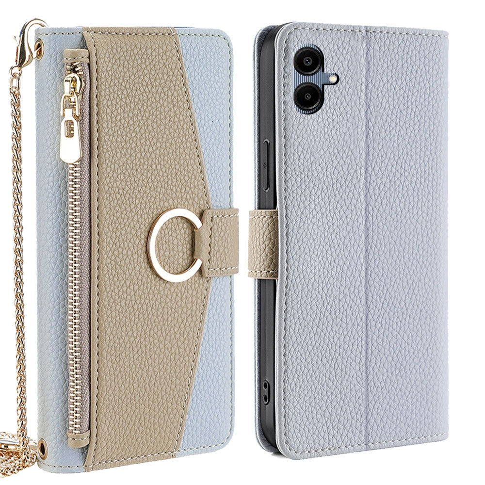 Samsung Galaxy A06 Crossbody Phone Case with Litchi Texture Leather, Adjustable Kickstand, Card Slots, Zipper Purse, Makeup Mirror, and TPU Protection
