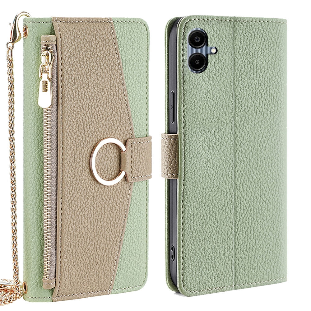 Samsung Galaxy A06 Crossbody Phone Case with Litchi Texture Leather, Adjustable Kickstand, Card Slots, Zipper Purse, Makeup Mirror, and TPU Protection
