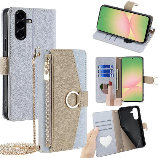 Samsung Galaxy A56 5G Crossbody Phone Case with Litchi Texture Leather, Adjustable Kickstand, Card Slots, Zipper Purse, Makeup Mirror, and TPU Protection