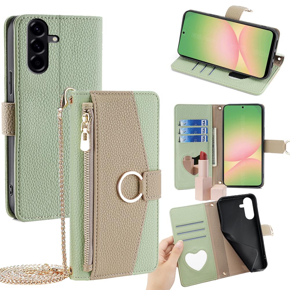 Samsung Galaxy A56 5G Crossbody Phone Case with Litchi Texture Leather, Adjustable Kickstand, Card Slots, Zipper Purse, Makeup Mirror, and TPU Protection